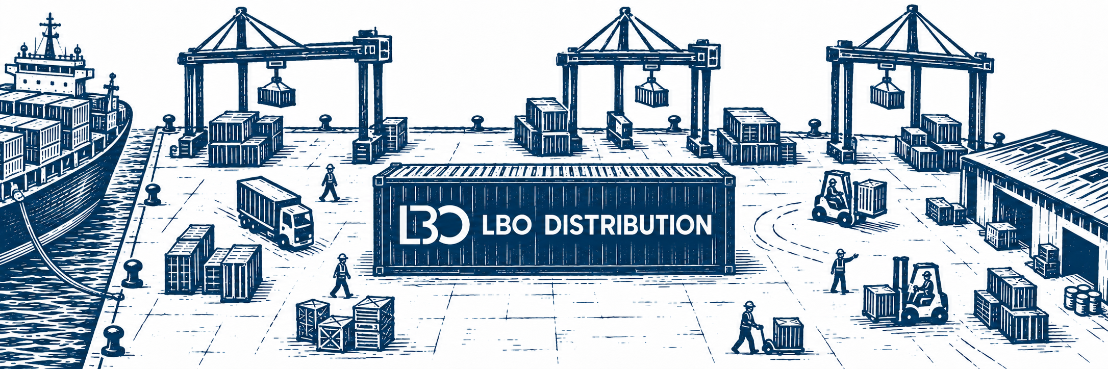 Aerial woodcut of a port: a ship on the left, the LBO Distribution logo on a central container, and forklifts, trucks and workers on the quay.